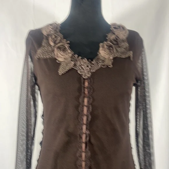 Pretty Angel Brown Dress,tunic dress, top,lace,floral design,sheer,ruffles,small - Picture 5 of 10